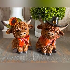 Charming Highland Cow Figurines with Hats and Bows